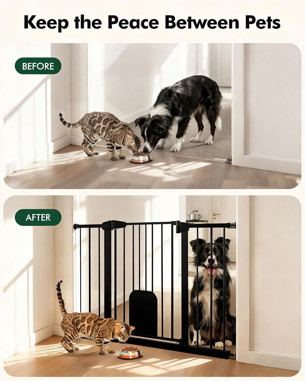 Pet Gate with Adjustable Cat Door, 31–46 Inch Pressure Mounted Dog Gate for Doorways, Stairs and Hallways, Auto Close Walk Through Metal Safety Gate, Easy Install, White