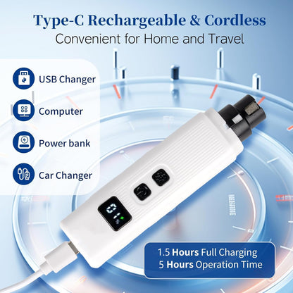 Electric Dog Nail Grinder with 2 Level LED Lights, 2 Speed 30dB Super Quiet and Low Vibration Turbo Charge Pet Nail Grinder for Small Dogs and Cats - White