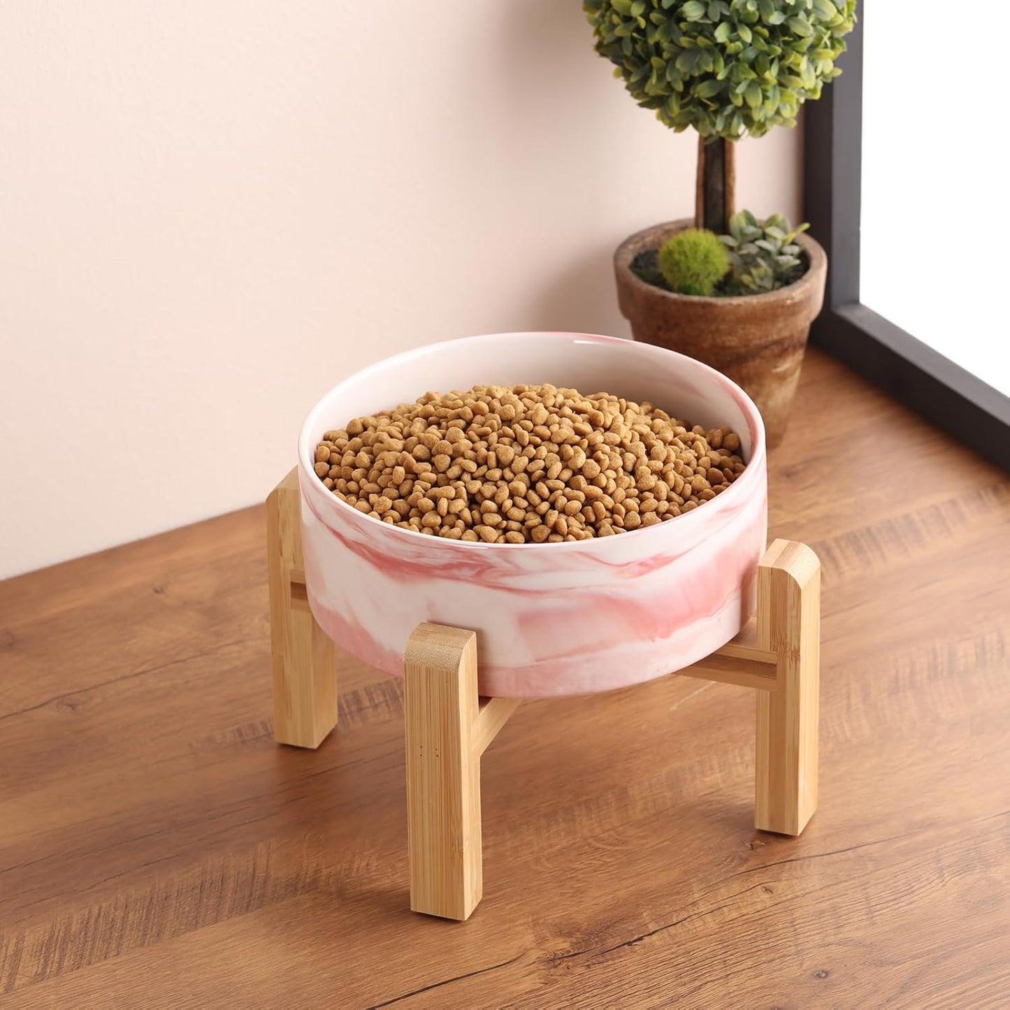 Black Elevated/Raised Dog Bowl Ceramic with Wood Stand for Medium Large Breed,Dog Food Water Dish Heavy Weighted,8 in Non Slip Modern Cute Porcelain Pet Bowl Extra Large
