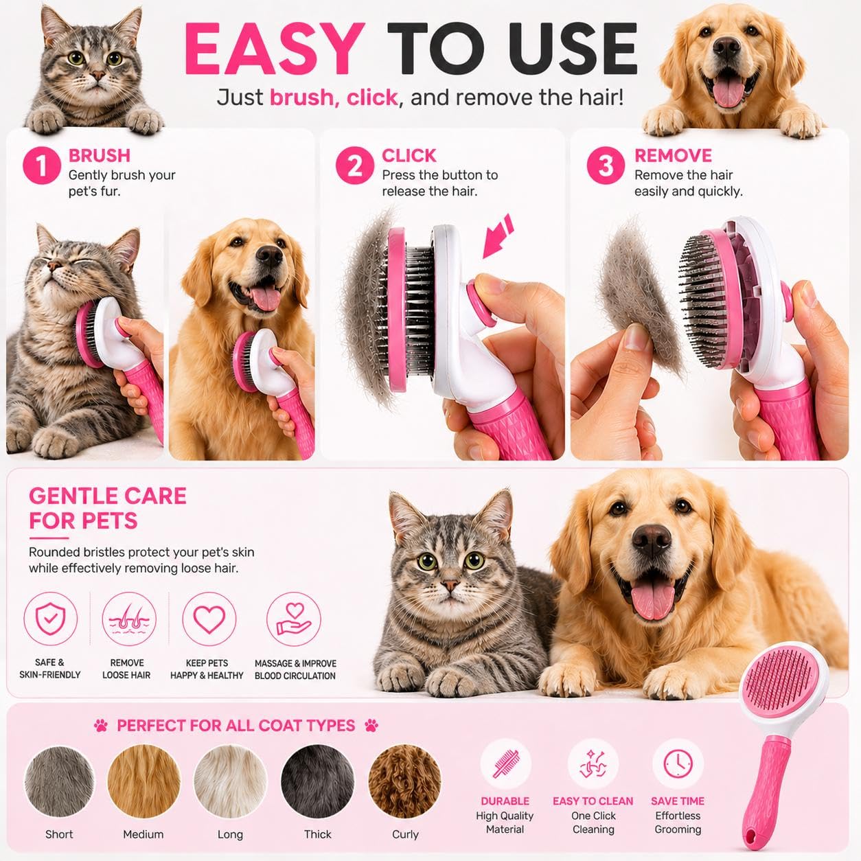 Pet Grooming Deshedding Brush, Self-Cleaning Massaging Brush for Dogs and Cats, Short and Long Hair (Blue)