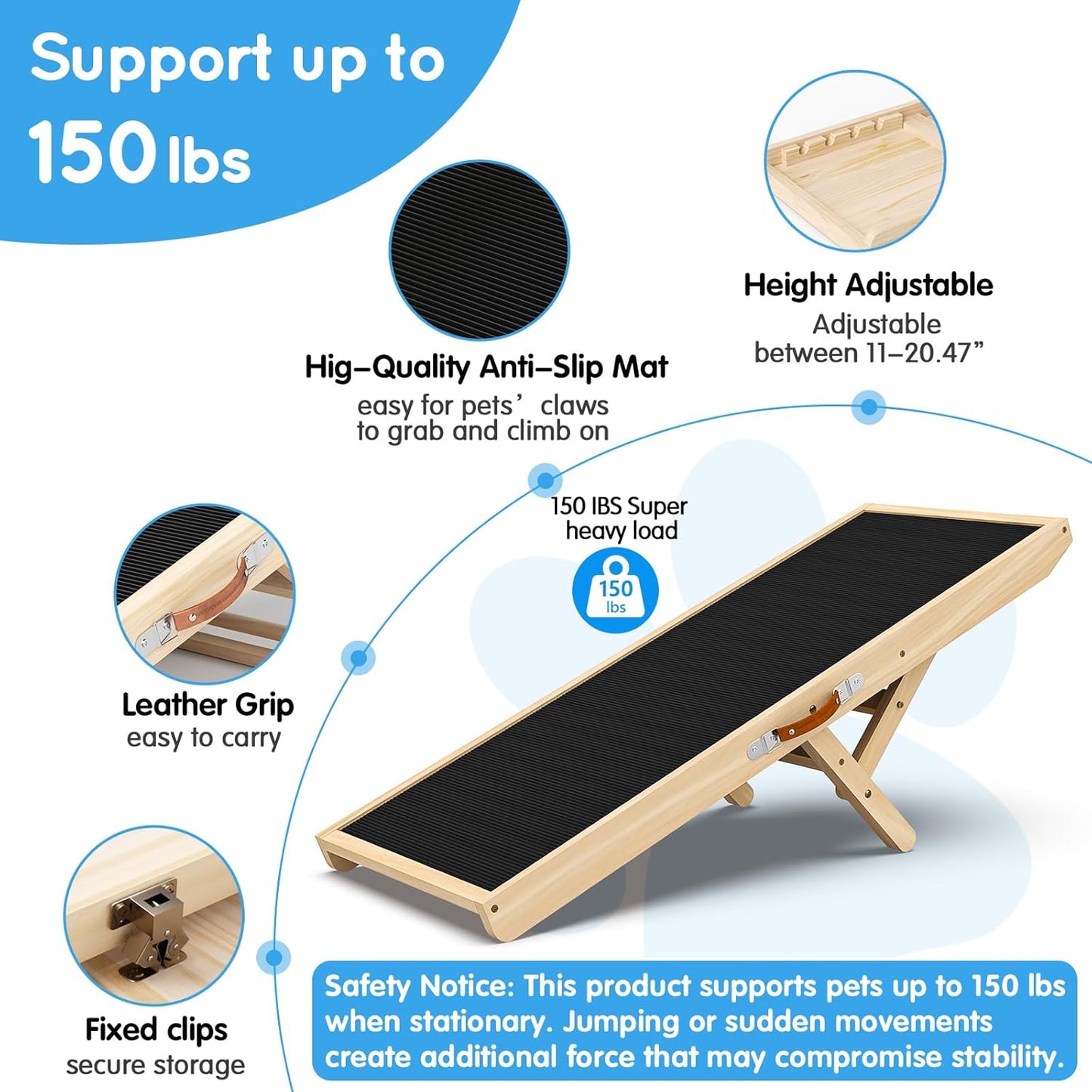 Dog Ramp for Couch with Non-Slip Silicone Mat, 39" Wooden Pet Ramps for Small Dogs, Hold up to 100lb, Adjustable Height from 11.41" to 20.47", Portable Stable Pet Step for Sofa Stairs