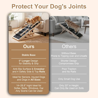 Dog Ramp for Bed, for Couch, 47.24" Long Wooden Pet Ramp for Small & Large Dogs to Get on Bed Couch Car Up to 200LBS, 4 Adjustable Heights (13.7"-24.6"), Foldable Dog Bed Ramp with Anti-Slip Surface