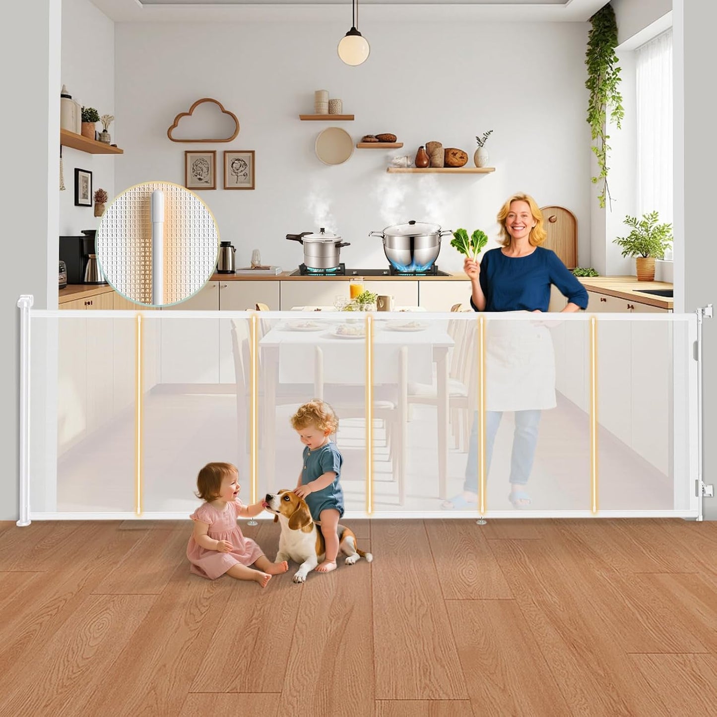 160 Inch Retractable Baby Gates Extra Wide, 42 Inch Extra Tall Retractable Gate, 13 FT Reinforced Retractable Dog Gate with Reinforcement Rod to Prevent Crawling Through, for Doorways, Stairs, Hallway