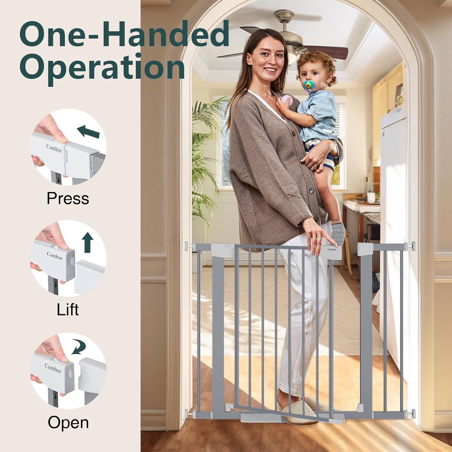 Cumbor 36.6-64" Extra Wide Baby Gate for Stairs, Dog Gates for Doorways, Auto-Close Pet Gate Indoor, Pressure Mounted Walk Through Safety Child Gate for Kids Toddler, Tall Pet Puppy Fence Gate, Brown