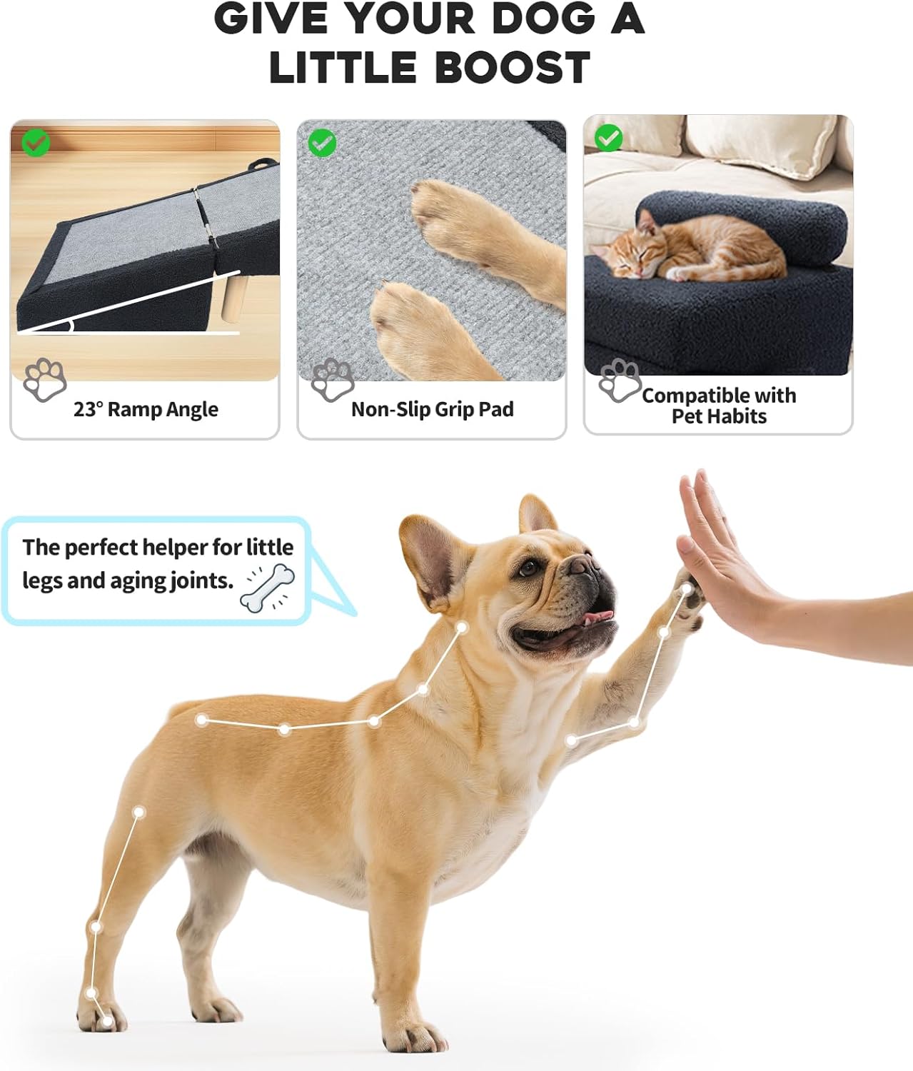 Dog Stairs for Small Dogs and Cats – 2-in-1 Dog Ramp for Couch and Low Bed, 16.5'' Foldable Wooden Pet Ramp, Sturdy Multi-Use Split Ottoman Design, Beige