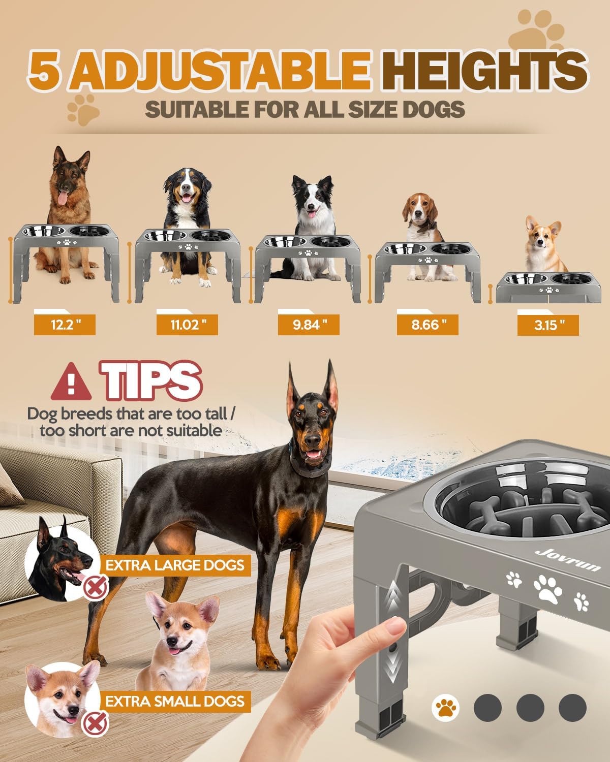 Jovrun Elevated Dog Bowls for Small Dogs and Cats, Non-Slip Cat Bowls with 2 Thick 5.5" Stainless Steel Dishes, Dog Feeder 2 Heights Adjustable to 2.6"-5.3"