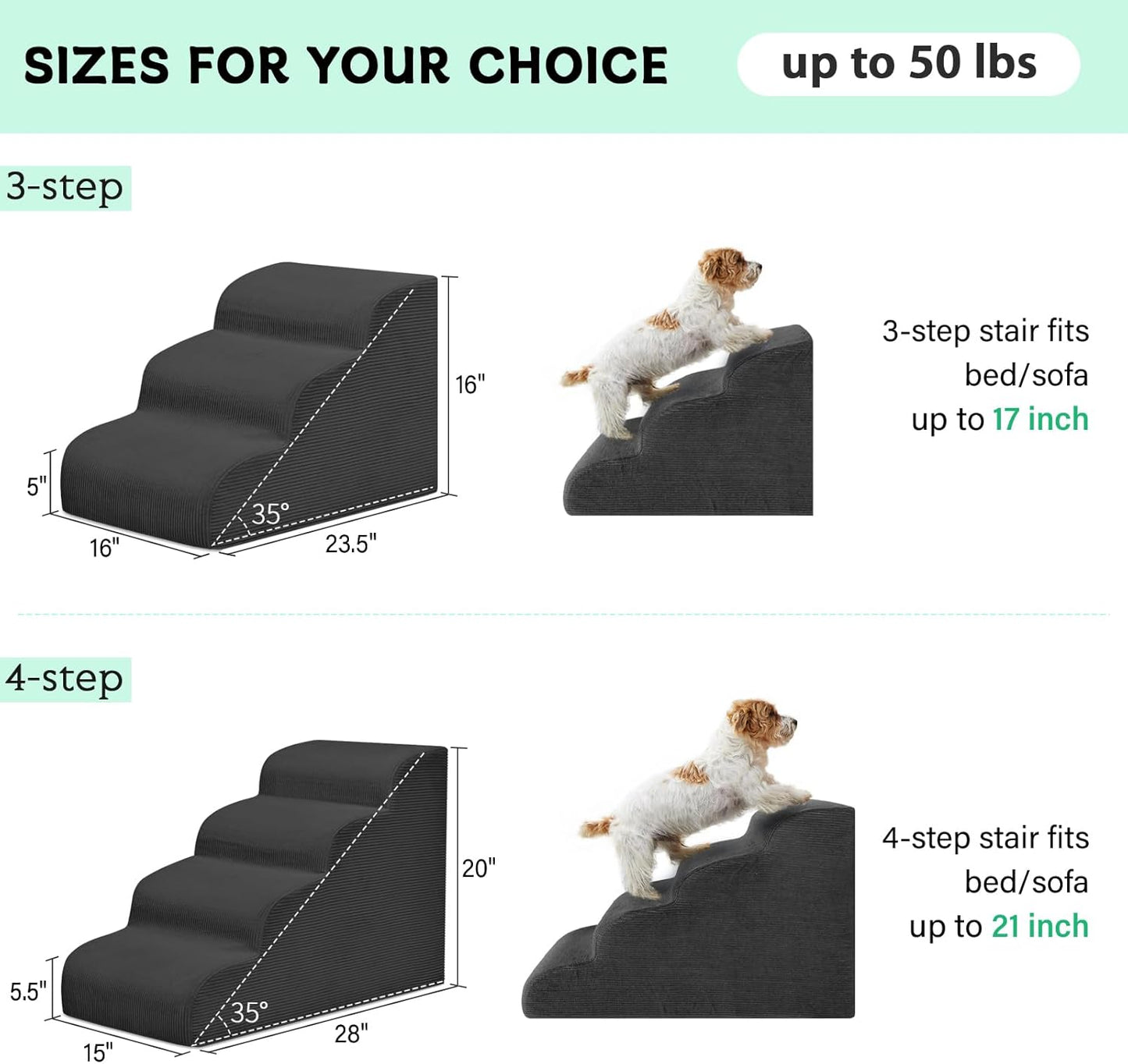 Mesa Lemon Dog Stairs & Steps for High Beds, 3 Steps High Density Foam Waterproof Dog Ramp for Small Dogs and Cats, Pet Stairs with Removable Washable Cover for Bed, Couch, Sofa and Car (H:16")