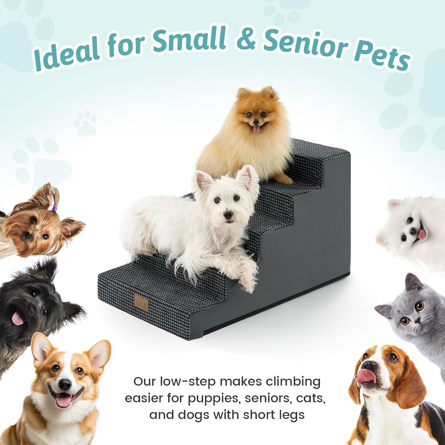COZY KISS Dog Stairs for Small Dogs, 4 Tier Wider Pet Stairs for Couch and Beds, 17.7" H Non-Slip Dog Steps for Old Cats, Puppy, Small Medium Dogs, 17.7x23.6x17.7 inch, Beige