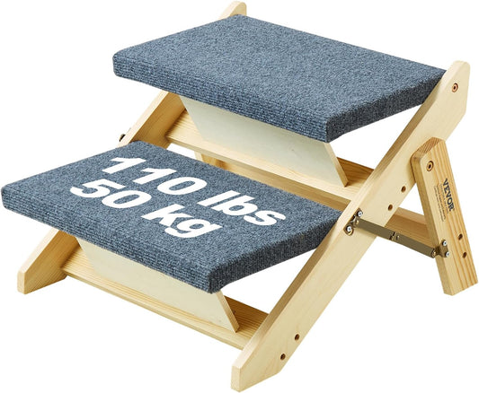 VEVOR Wood Pet Stairs, 2-Step Dog Stairs for Beds, Sofa & Cars, 110lbs Load Capacity, Floded Flat Design, Stable & Sturdy Cat & Dog Step Ladder for Small Medium Large Older Pet Puppy Essentials