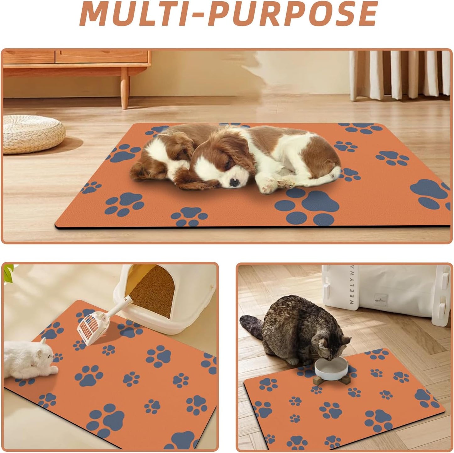 18"×30" Dog Food Mat-Absorbent Dog Mat for Food and Water, No Stains Quick Dry Cat Food Bowl Mat with Footprints for Messy Drinkers,Dark Grey