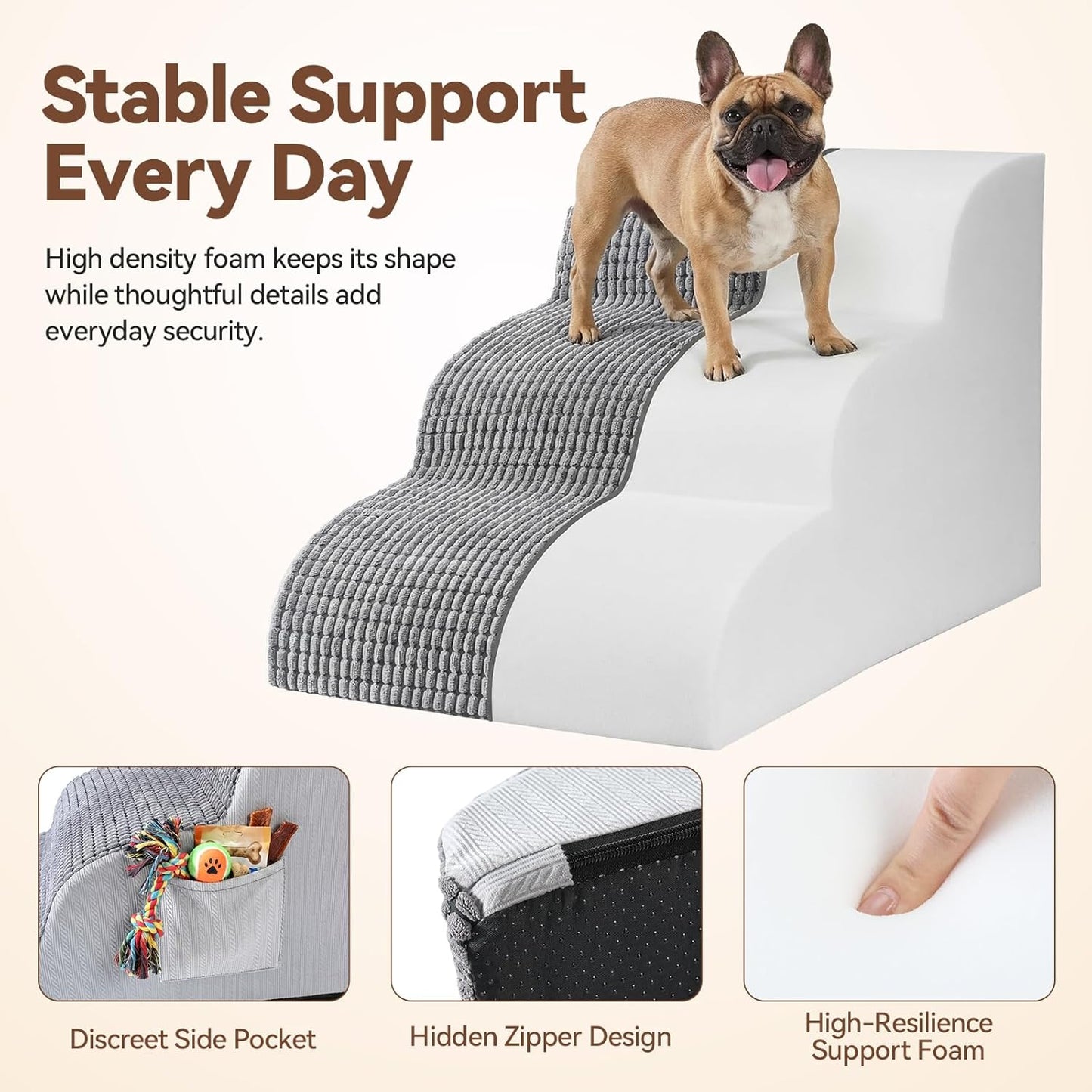 Dog Stairs for Small Dogs, 15.7" High 3 Step Foam Ramp for Bed & Couch, Pet Steps for Senior Pets, Non Slip Base, Washable Cover, Joint Support Design, Grey, Suitable for Cats