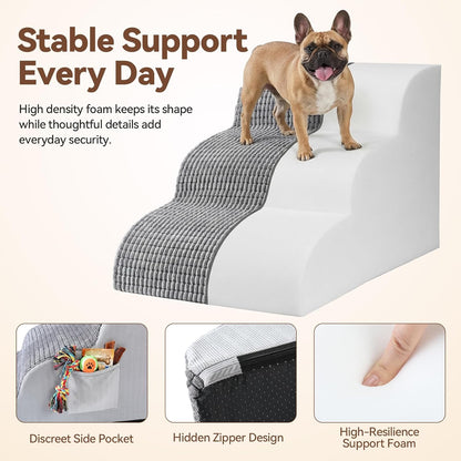 Dog Stairs for Small Dogs, 15.7" High 3 Step Foam Ramp for Bed & Couch, Pet Steps for Senior Pets, Non Slip Base, Washable Cover, Joint Support Design, Grey, Suitable for Cats