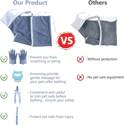 KlerRoem Cat Bathing Bag, Adjustable Anti-bite and Anti-Scratch Shower Mesh Grooming Bag for Pet Dogs, Includes Pet Nail Clipper, Nail File, Grooming Glove, and Cat Shell Comb