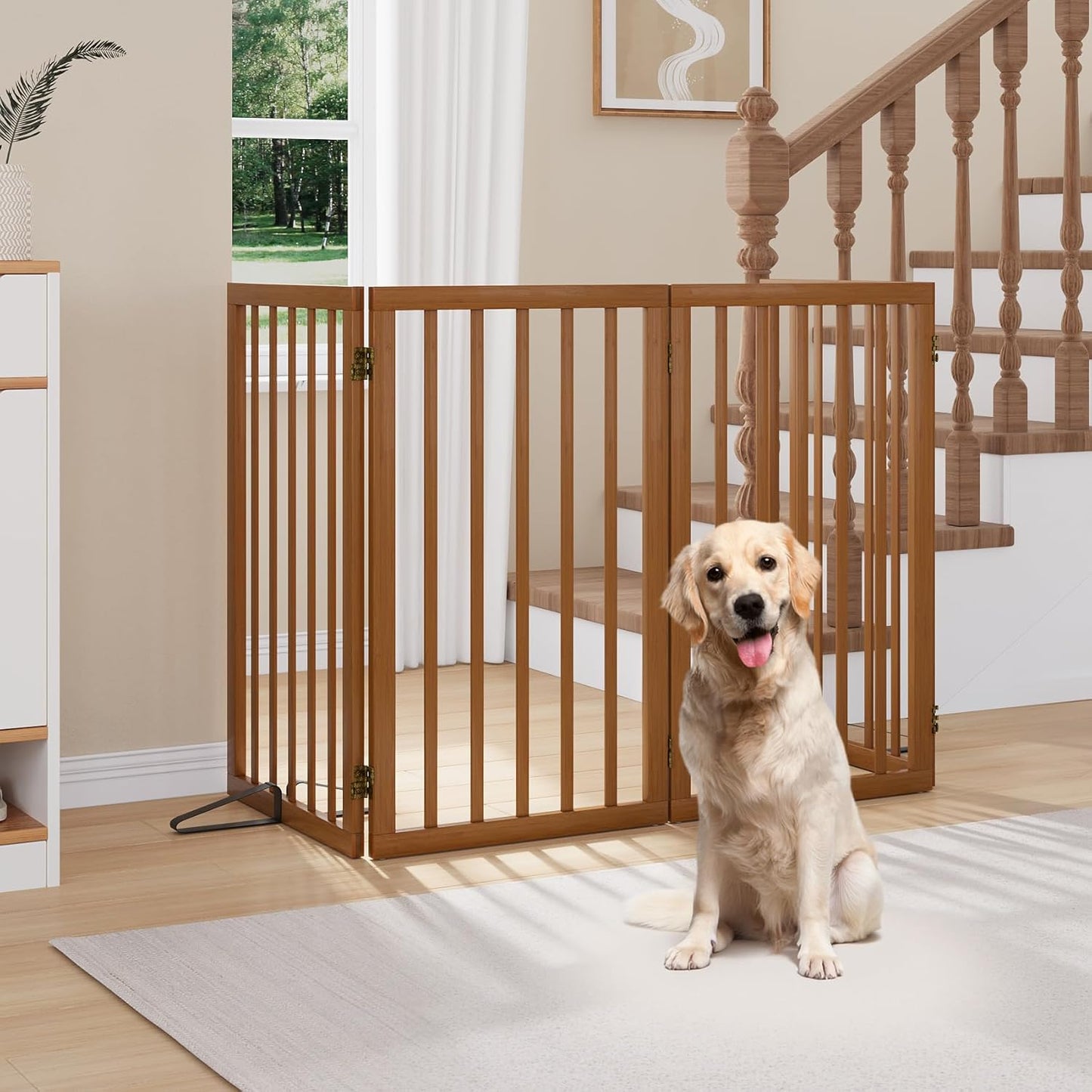 Freestanding Dog Gates Indoor, 3-Panel Pet Gates with 2 Metal Stands and 360° Hinge, 24" H Foldable Dog Gate for Stairs, Doorway, Kitchen, Expands Up to 55" Fully Assembled - Black Walnut