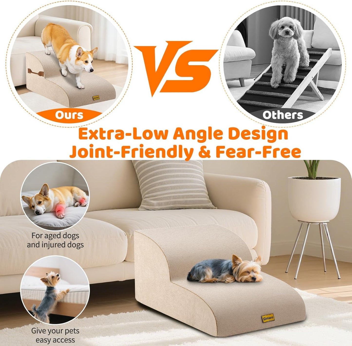 Gimars Upgraded 55CM Long Wide Steps 2 Step Dog Stairs for Small, Medium & Senior Dogs, 30CM High Ramp with 33D High-Density Foam, Linen Cover, Non-Slip Base, Supports 30KG, for Bed & Sofa