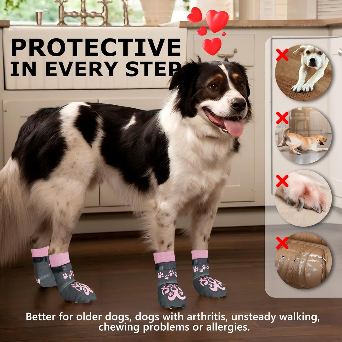 Anti Slip Dog Socks to Prevent Licking Paws - Double Side Paw Covers Dogs Grip Sock for Hardwood Floors, No Twist Dog Booties Grippy Socks for Small Medium Large Senior Dogs, Light Grey and Black, L