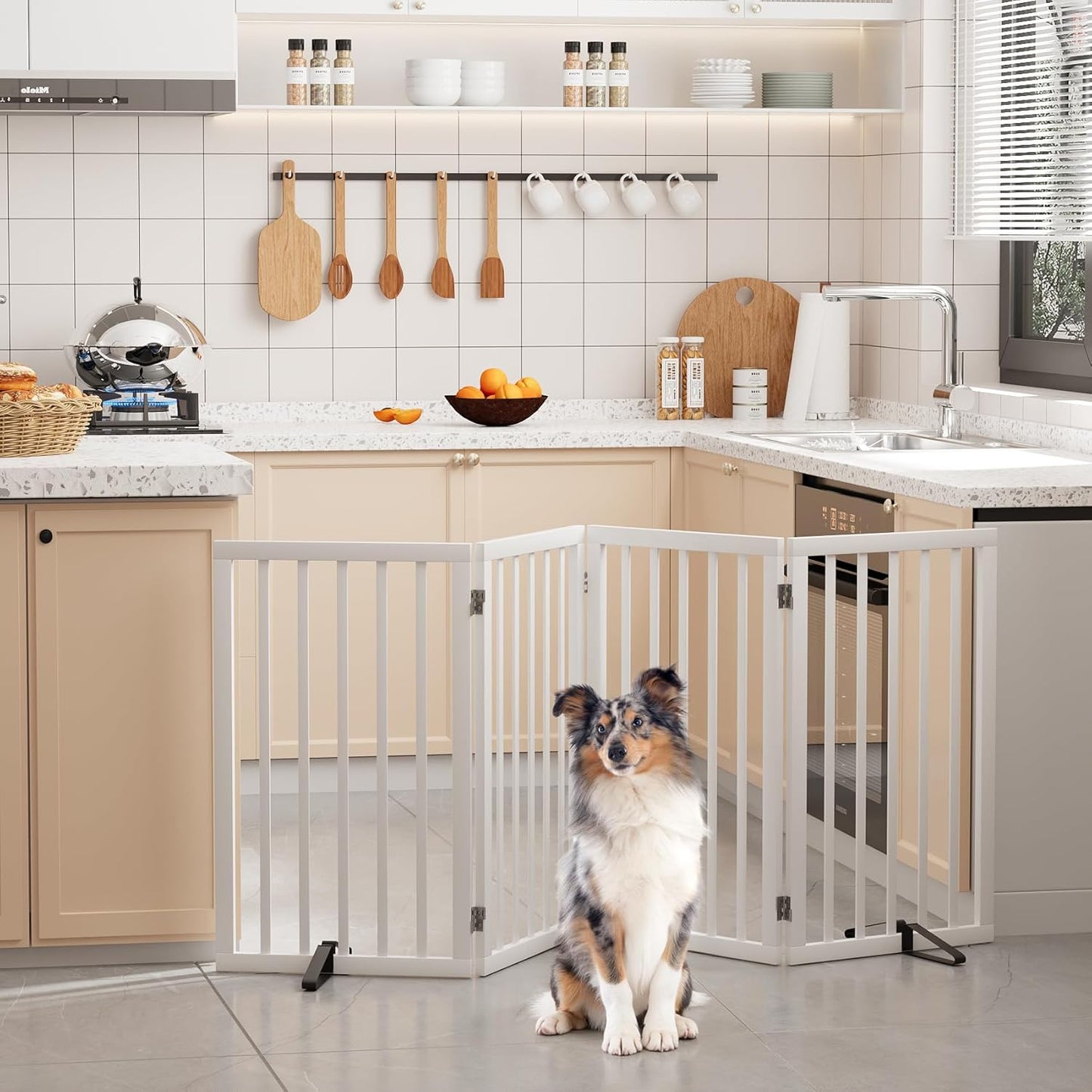 Freestanding Dog Gates Indoor, 3-Panel Pet Gates with 2 Metal Stands and 360° Hinge, 24" H Foldable Dog Gate for Stairs, Doorway, Kitchen, Expands Up to 55" Fully Assembled - Black Walnut