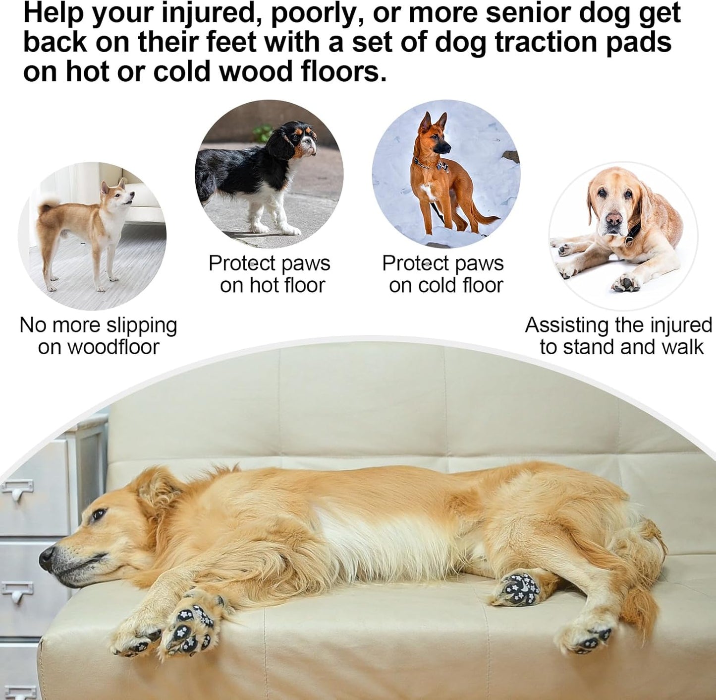 BEAUTYZOO Dog Paw Protector Anti-Slip, Paw Pads for Dogs Traction On Hardwood Floors, Paw Stickers Toe Grips for Hot/Cold Pavement for Senior Dogs, Shoes Boots Socks Replacement, 6 Sets (24 pcs) XXL