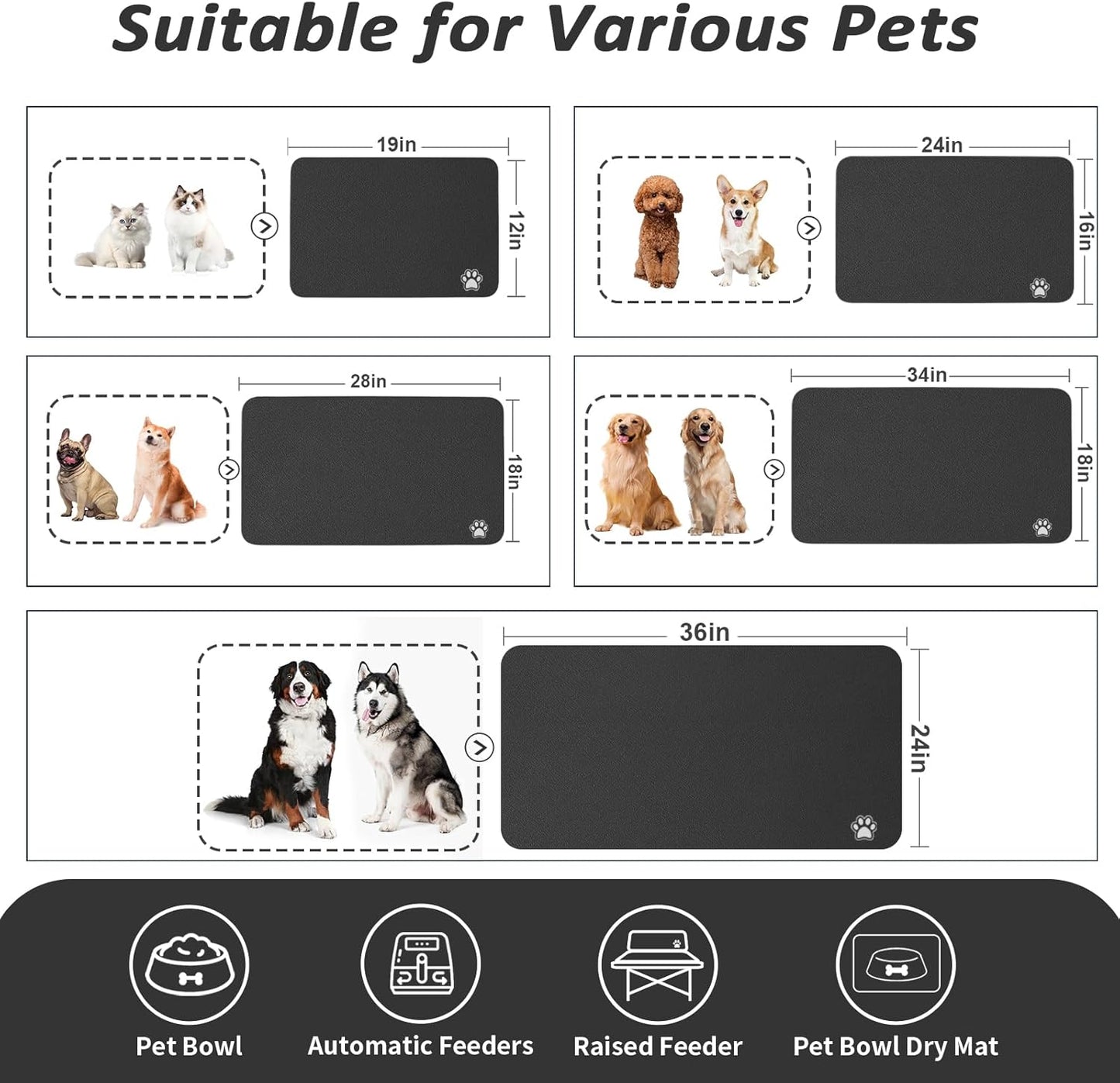 HotLive Dog Food Mat - Absorbent Cat Mat for Food and Water, No Stains Pet Feeding Bowl Mat, Easy to Clean Pet Placemats, Quick Dry Dog Water Dispenser Mat for Messy Drinkers | Paw Dark Grey 12"x 19"