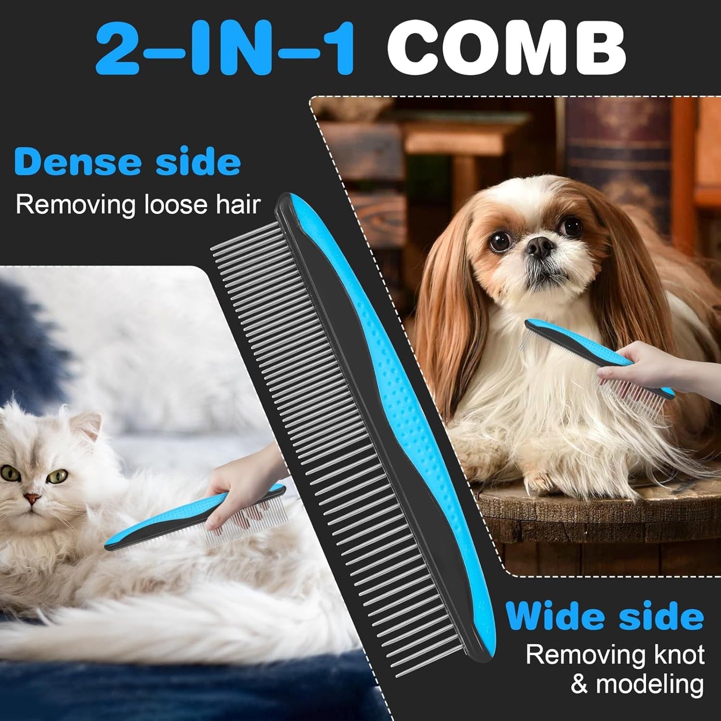 Pet Grooming Brush and Metal Comb Combo, Cat Brush Dog Brush for Shedding, Undercoat Rake for Dogs Grooming, Dematting Deshedding Brush Dogs Shedding Tool for Long matted Haired Pets, Gray (Gray)