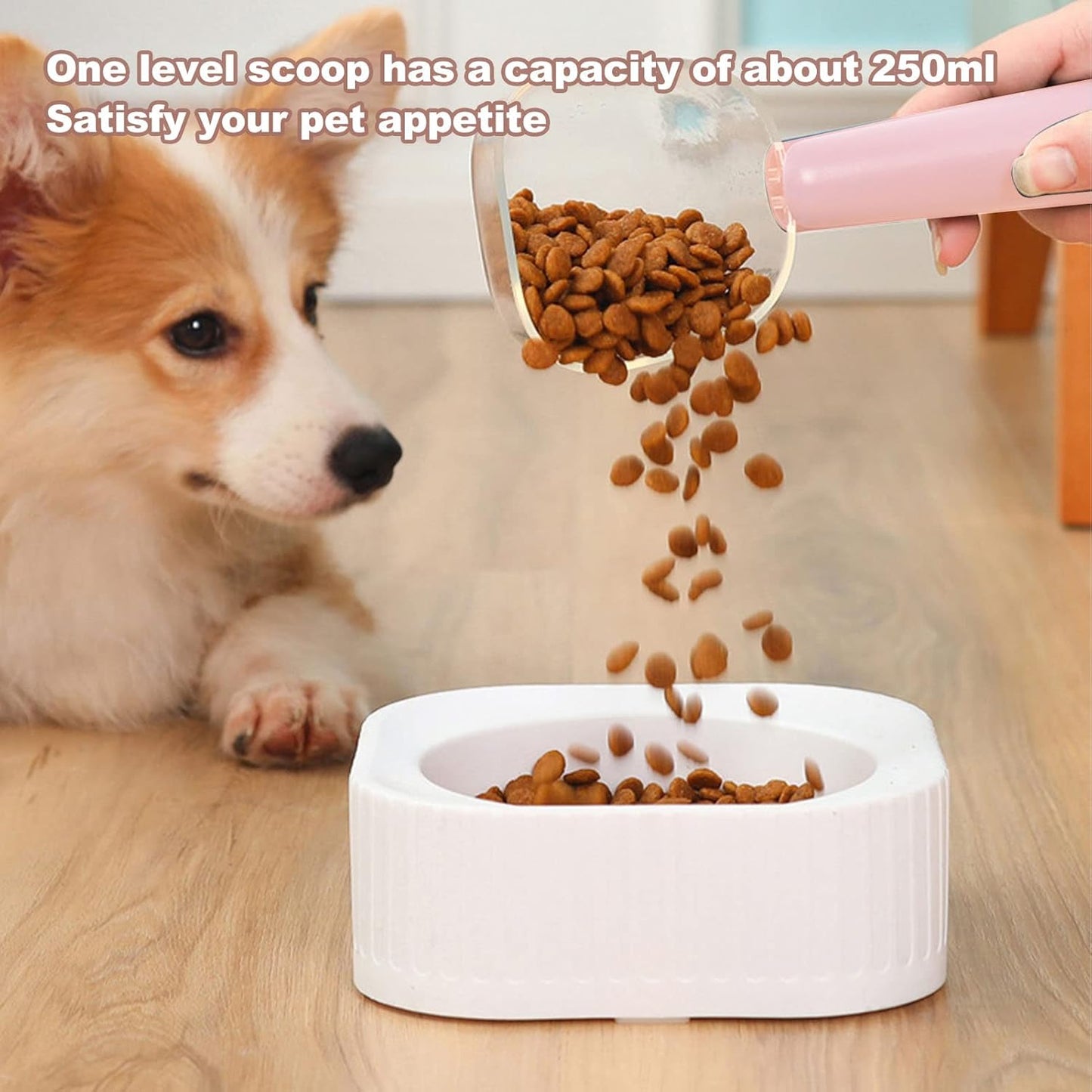 Transparent Pet Food Scoop with Clip Handle, 250 ml Capacity, Easy to Clean Dog Food Scoop (White)