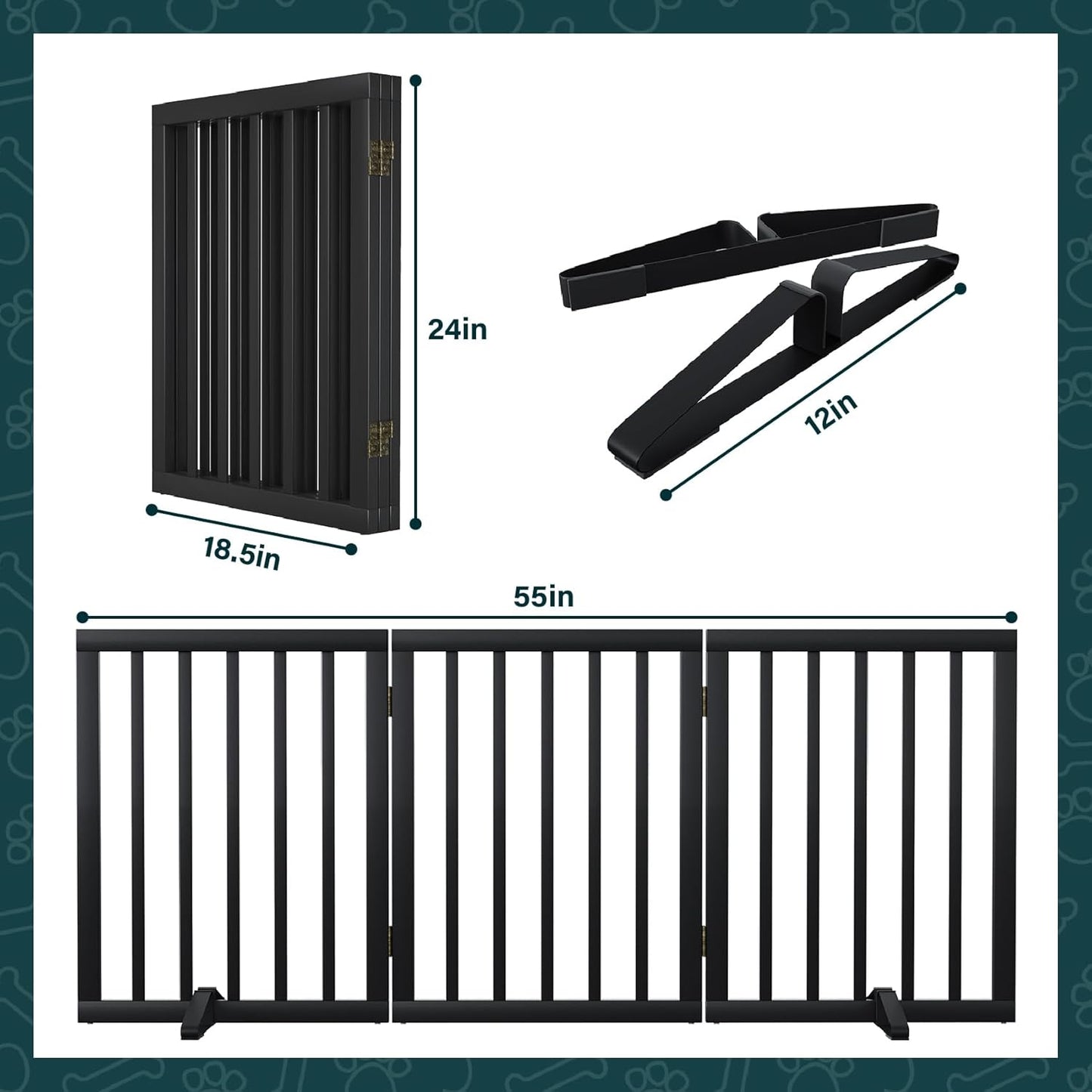 Freestanding Dog Gates Indoor, 3-Panel Pet Gates with 2 Metal Stands and 360° Hinge, 24" H Foldable Dog Gate for Stairs, Doorway, Kitchen, Expands Up to 55" Fully Assembled - Black Walnut