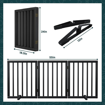 Freestanding Dog Gates Indoor, 3-Panel Pet Gates with 2 Metal Stands and 360° Hinge, 24" H Foldable Dog Gate for Stairs, Doorway, Kitchen, Expands Up to 55" Fully Assembled - Black Walnut