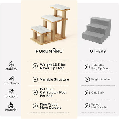 FUKUMARU 3-in-1 Pet Stairs, Retro-style Dog Steps for Cats and Small Dogs, Wooden Cat Stairs for High Bed with Scratching Post, Dog Ramp for Couch with Cat Condo Cave, Easy to Clean & Aesthetic Design