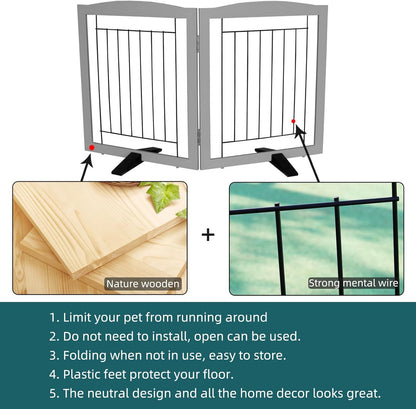 ZJSF Freestanding Dog Fence Indoor, Foldable Dog Gate for Doorways, Stairs or Hallways, Sturdy Wood Extra Wide Pet Gate with Support Feet for The House, White, 24 "Height-3 Panels