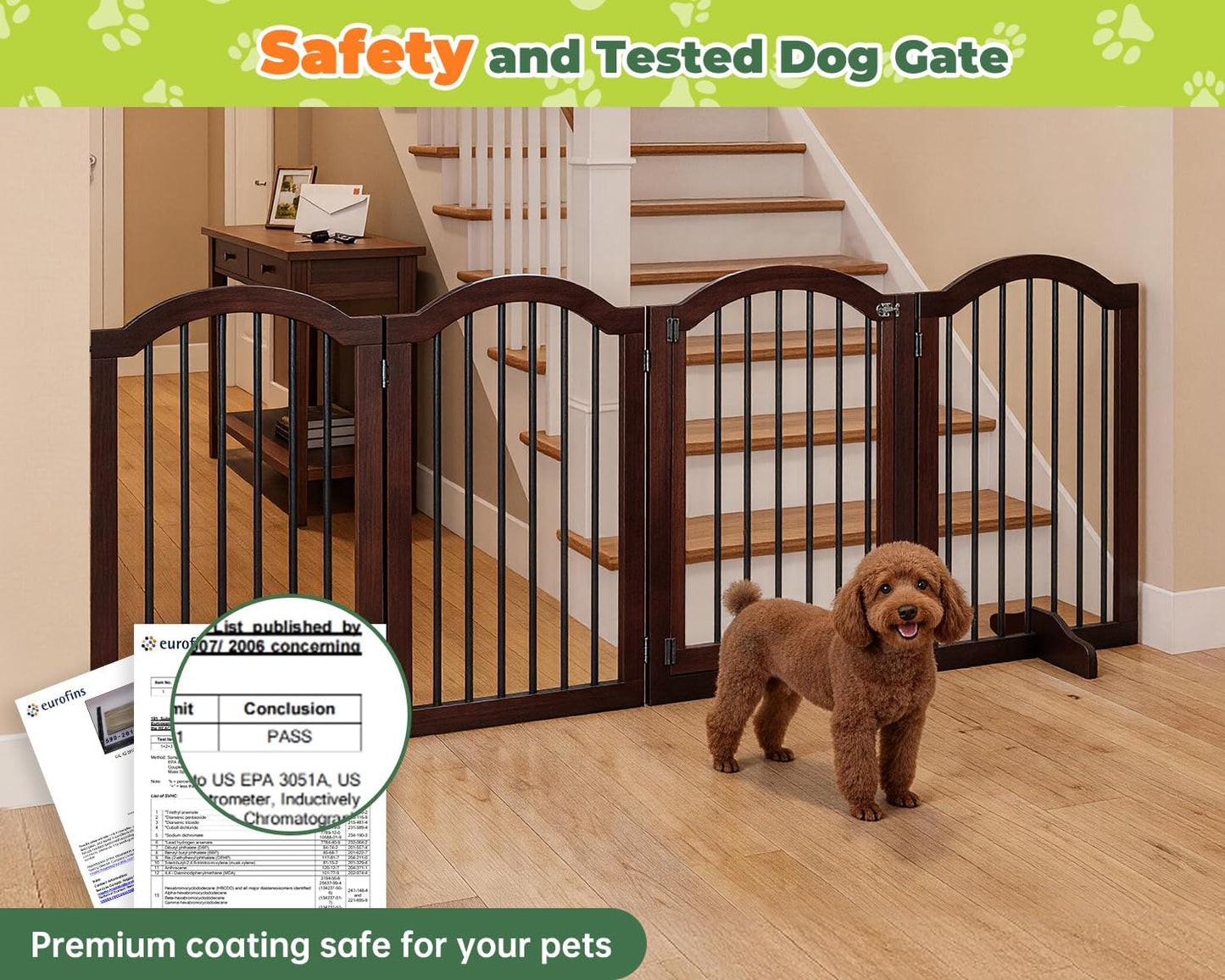 PrimeZone 144" Extra Wide Dog Gate - 36" Tall 6-Panel Solid Acacia Wooden Freestanding Puppy Gates with Door, Foldable Indoor Pet Fence for Doorways, Stairs, Support Feet Included, Brown
