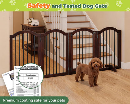 PrimeZone 144" Extra Wide Dog Gate - 36" Tall 6-Panel Solid Acacia Wooden Freestanding Puppy Gates with Door, Foldable Indoor Pet Fence for Doorways, Stairs, Support Feet Included, Brown