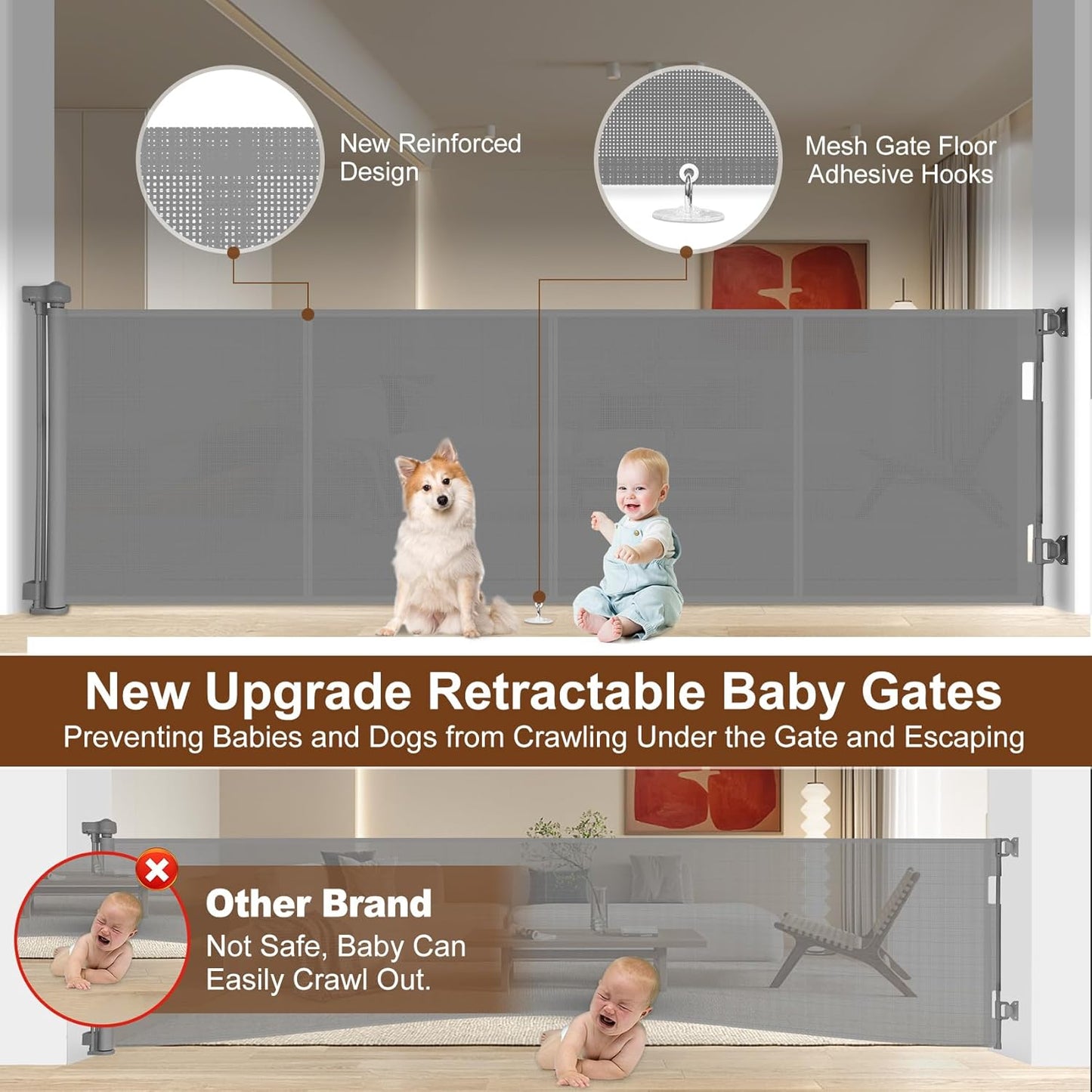Miumoon 150 inch Retractable Baby Gates 42 inch Tall, Retractable Gate with Reinforced Strip Design to Prevent Crawling Through, 12 FT Extra Wide Retractable Dog Gate for Indoor/Outdoor