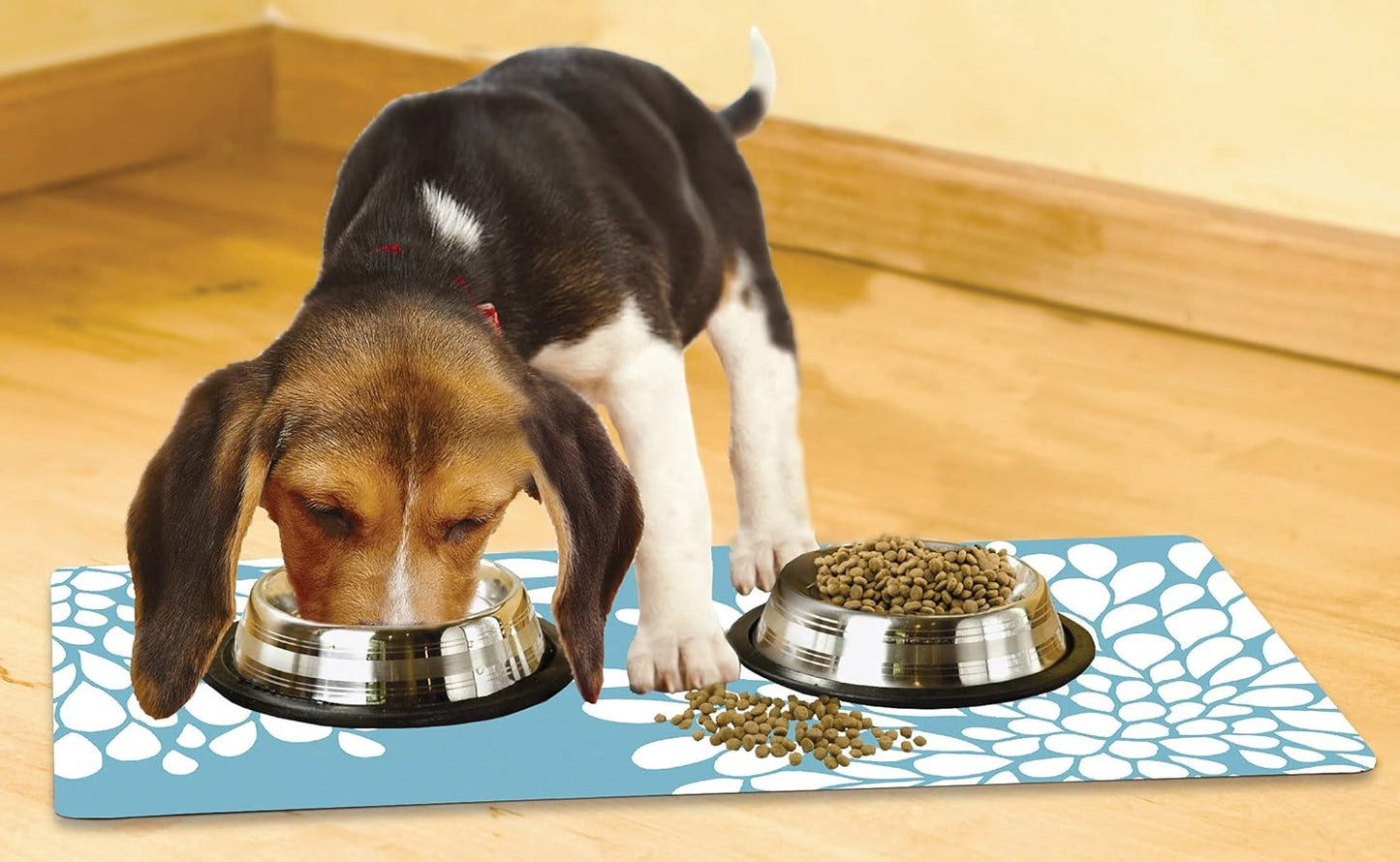 Drymate Pet Bowl Placemat, Dog & Cat Food Feeding Mat - Absorbent Fabric, Waterproof Backing, Slip-Resistant - Machine Washable/Durable (USA Made) (12” x 20”) (Indigo)