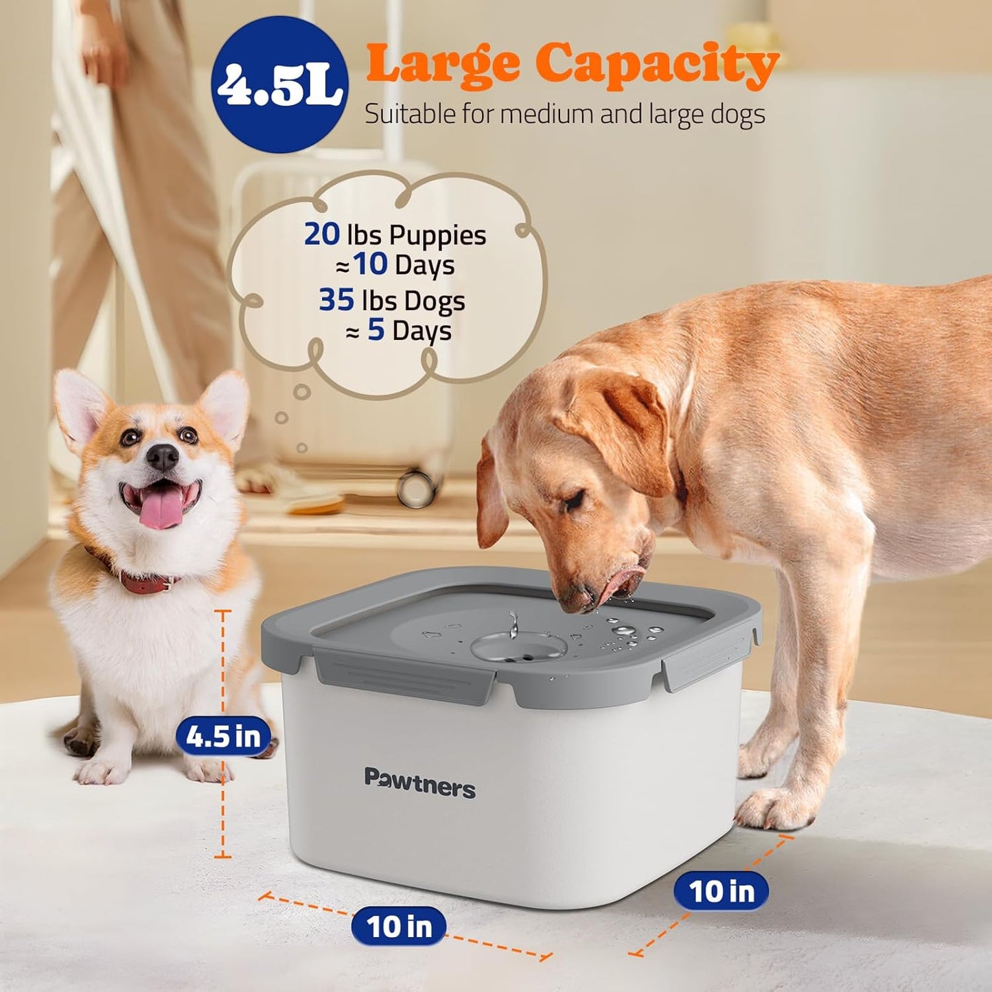 Pawtners All Stainless Steel Dog Water Bowl No Spill,135oz Anti-Splash Dog Bowl with Non-Slip Base, Spill Proof for Medium Large Messy Drinkers, Slow Drinking, Slobber Stopper,Easy to Clean