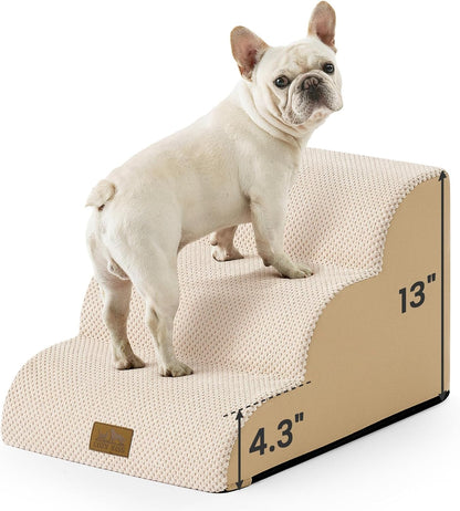 COZY KISS Dog Stairs for Small Dogs 15.7" H, 4-Step Sturdy Foam Dog Steps for Couch and Bed, Curved Pet Stairs for Puppy and Older Cat, Doggie Ladder with Washable Cover, 15.7x28.3x15.7 inch, Beige