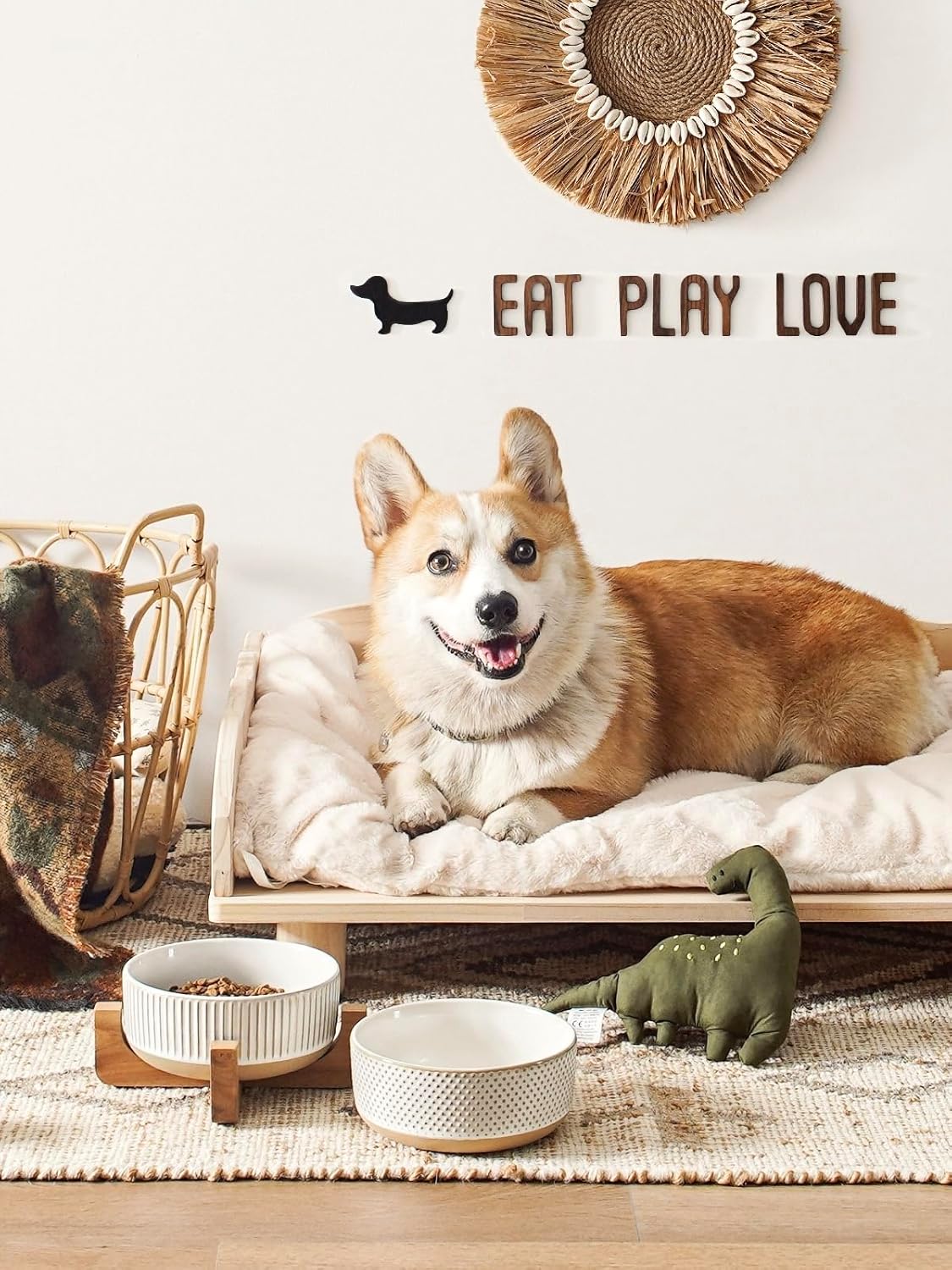 LE TAUCI PET Ceramic Dog and Cat Bowl Set with Acacia Wood Stand - 2 Cup Weighted Non-Slip Food and Water Bowls for Small Dogs & Cats, Lines + Dot