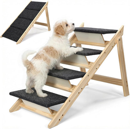 Dog Ramp, Durable Pet Stairs for High Beds, 2-in-1 Foldable Wooden Dog Steps for Couch and Car, Joint-Friendly Stairs for Senior Dogs, Non-Slip Carpeted Pet Steps with High-Weight Capacity