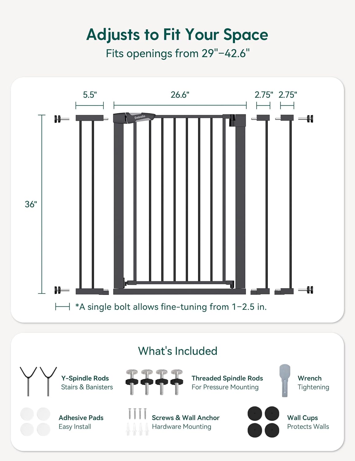 Babelio 29-55 Inch Extra Wide Baby/Dog Gate, PressGuard P7, Metal Auto Close, Pressure Mounted Pet Door for Doorways, NO Need Tools and Drilling, with Wall Cups, White