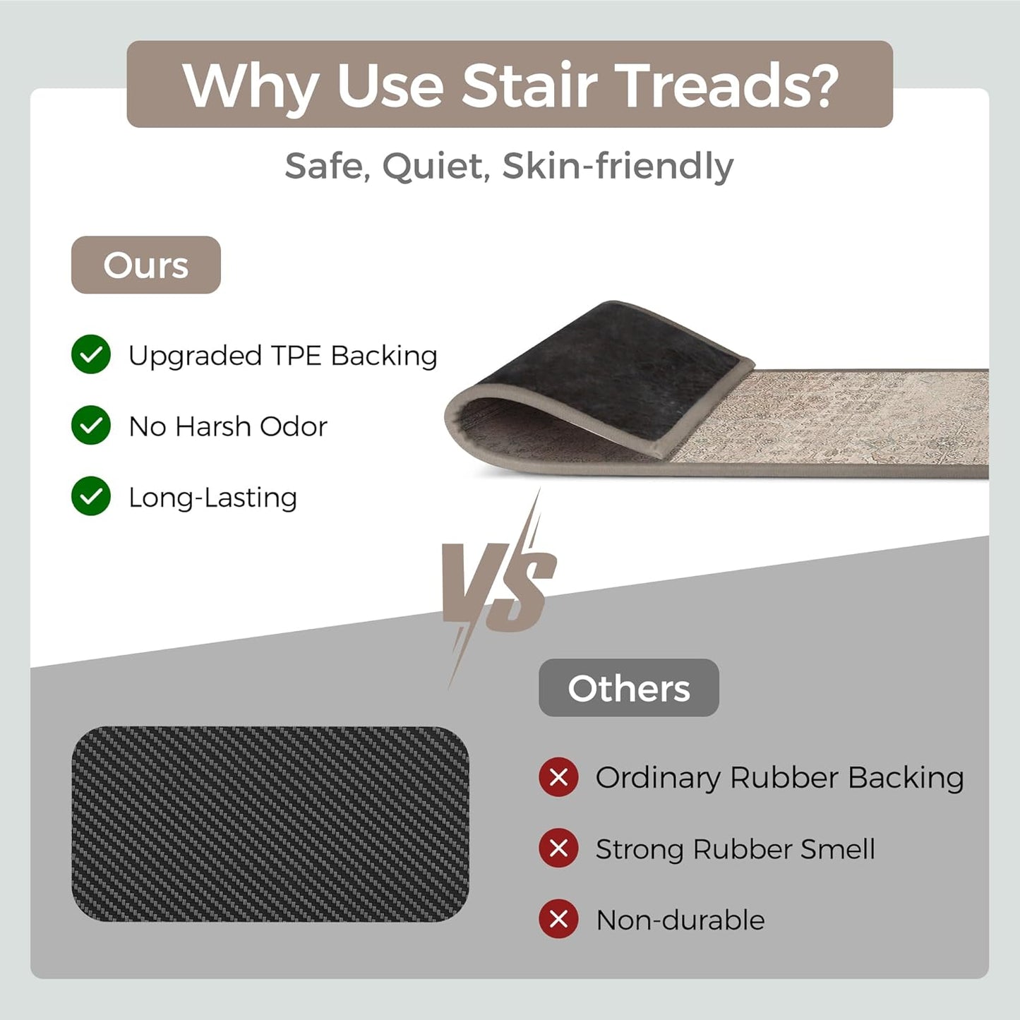 sarben Non Slip Stair Treads for Wooden Steps 15PCS - 8"x30" Indoor Safety Carpet, Edging Mats with TPE Adhesive Backing, Pet and Elderly Friendly Stair Rugs (Taupe) - Colors A