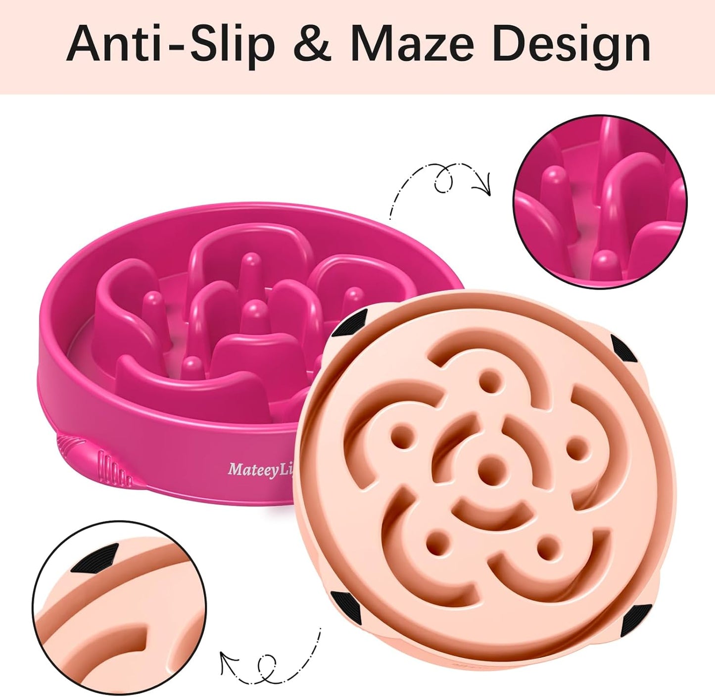 MateeyLife Slow Feeder Dog Bowls 2PCS, Anti-Choking Puzzle Dog Food Bowls, Anti-Slip Interactive Feeding Slow Down Eating, Bloat Stop Maze Dishes for Medium Breeds Pink&Purple