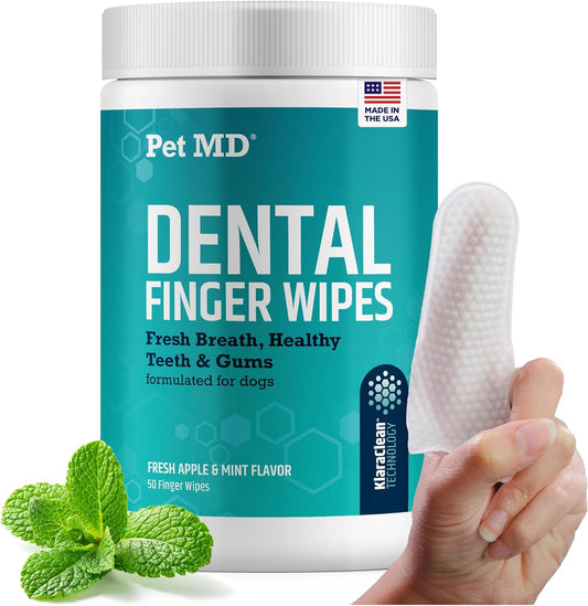 Pet MD Pet Dental Finger Wipes for Dogs - Plaque and Tartar Remover for Dogs to Improve Oral Care - Pet Teeth Cleaning Finger Wipes for Healthy Gums and Fresh Breath - Fresh Apple & Mint, 50ct