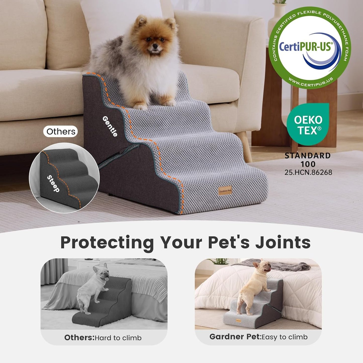 Gardner Pet 4-Step Dog Stairs for Small Dogs 18.5" H, Curved 4-Step Pet Stairs, Dog Steps for High Bed (18-20 in), Couch with Durable Non-Slip Waterproof Fabric Cover and CertiPUR-US Certified Foam