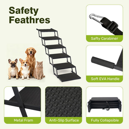 Foldable Dog Car Steps - Upgraded Non-Slip Pet Stairs for Large Dogs, Portable Metal Frame Dog Ramps for High SUV, Truck and Cars, Lightweight Pet Ladder with High Load-Bearing Capacity (6 Steps)