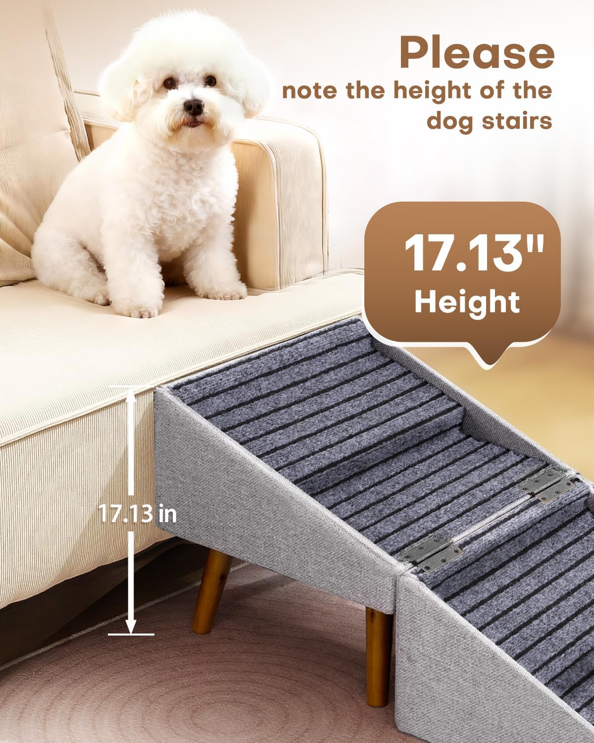 17.13" H Split Ottoman Dog Ramp for Couch and Bed, Non Slip Dog Stairs for Small Medium Large Dogs Cats Puppy, Joint Support 2 in 1 Foldable Wooden Pet Steps for Senior/Injured Dogs, Space Saving
