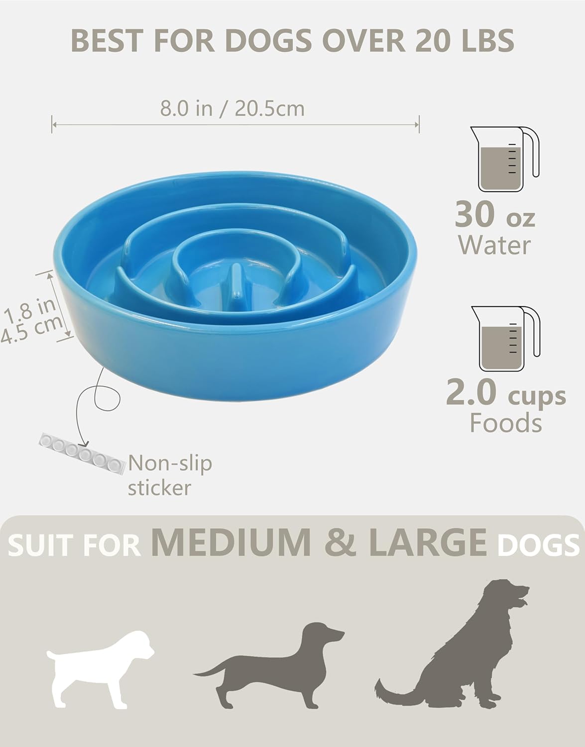 Ceramic Slow Feeder Dog Bowls, 2.0 Cups Slow Feeder for Medium Dogs, Puzzle Maze Bowl to Slow Down Eating, 30oz, 8in, White