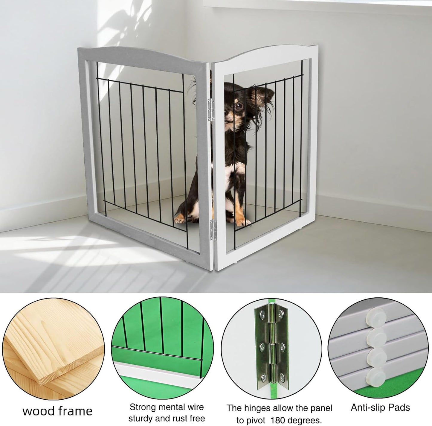 ZJSF Freestanding Foldable Dog Gate for House Extra Wide Wooden White Indoor Puppy Gate Stairs Doorways Pet Gate Tall Dog Fence 3 Panels Fence