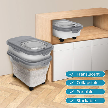 Dog Food Container, Collapsible Pet Food Storage Container 17-20 lb with Rolling Wheels & Airtight Lid, Plastic Storage Bin With Dog Food Scoop and Measuaring Cups