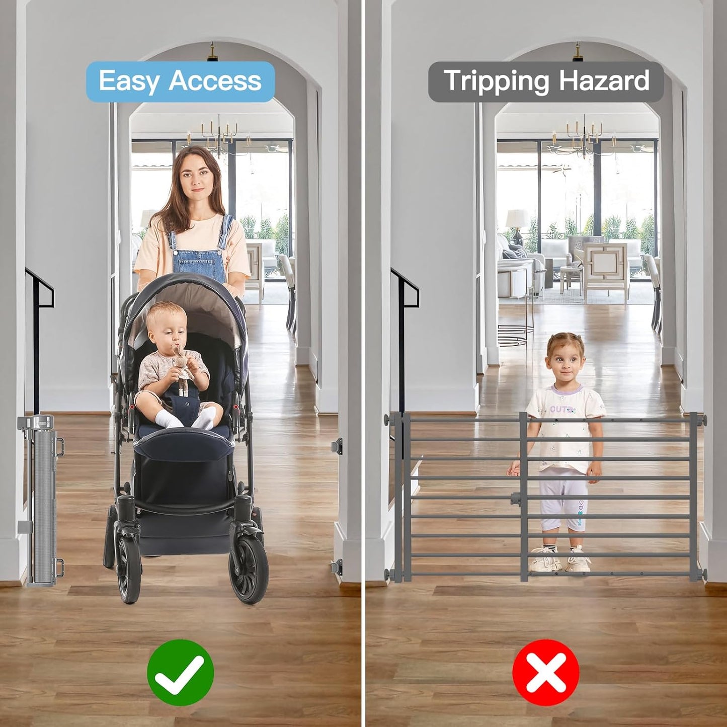 Short Dog Gate 0"-39" Wide Narrow Baby Gate 24” Tall Retractable Short Pet Gate to Step Over Short Baby Gate for Doorway, Low Pet Gate Indoor Doggie Gates Mesh Puppy Gate for Stairs, Black