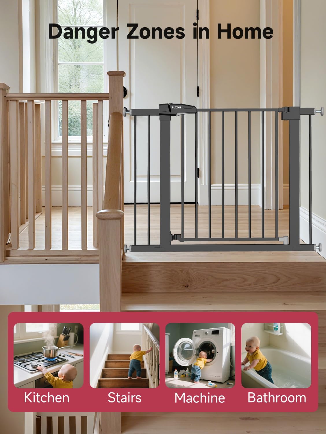 29.5-40.5" Baby Gate for Stairs, Dog Gate for Doorways, Walk Thru Auto Close Metal Baby Safety Gate for The House, Stairs and Doorways, Child Gate Pressure Mounted, Pet Gate for Dog Indoor - Black