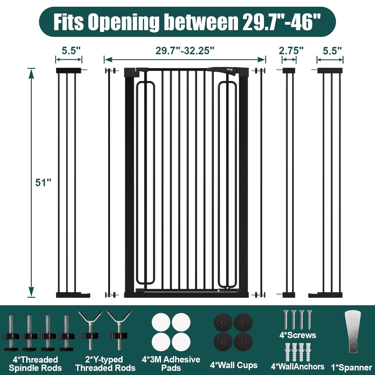 keny 29.7"-46" Baby Gate for Stairs, Auto Close Dog Gates for Doorways, Pressured Mounted No Drilling Pet Gate Extra Wide, One-Hand Opening Dual Lock Stair Gate, Indoor Kids Necessities, Black